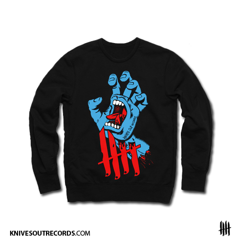 Knives Out records x Jim Phillips x Santa Cruz Screaming Hand tribute crewneck sweat